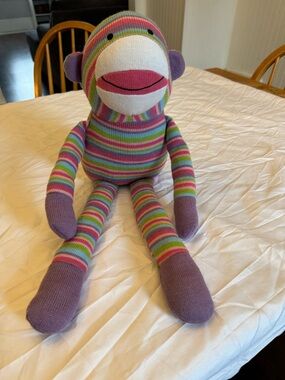 Pier 1 Striped Sock Monkey Plush - Pink, Purple & Green